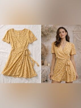 Billabong Floral Wrap Dress Mustard Yellow Small NWT Boho Mini Tie Waist Indie